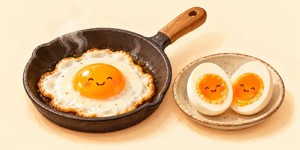 笑顔の目玉焼きと半分に切ったゆで卵のイラスト
