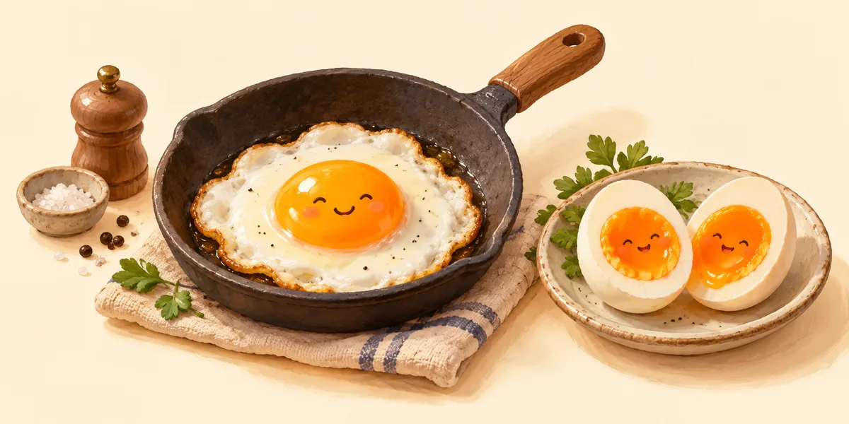フライパンの目玉焼きと半分に切ったゆで卵の紹介イラスト